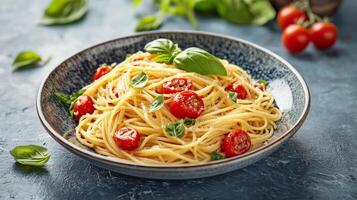 A Delectable Plate of Spaghetti with Fresh Tomatoes and Basil photo