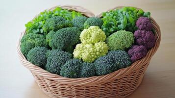 Colorful Broccoli and Cauliflower in a Basket photo