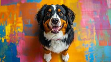 Happy Bernese Mountain Dog Portrait Against Vibrant Abstract Art photo