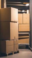 Stacked Cardboard Boxes on Pallets in a Warehouse photo