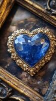 Elegant Blue Gemstone Heart Brooch Set in a Golden Frame photo