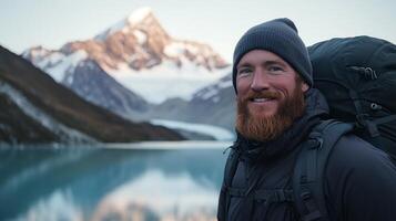 Smiling Hiker in Snowy Mountains by a Calm Lake photo