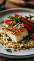 Pan-Seared Fish with Risotto and Red Peppers photo