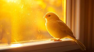 Radiant Yellow Bird at Window - Golden Sunrise photo