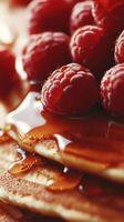 Close Up of Stacked Pancakes with Raspberries and Maple Syrup photo