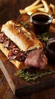 Savory Roast Beef Sandwich with Fries and Sauce photo