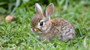 Adorable Baby Bunny Nestled in Vibrant Green Grass photo