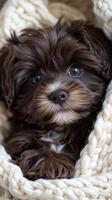 Cute Brown Puppy Cuddled Up in a Cozy Knitted Blanket photo
