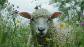 Adorable Sheep in a Meadow Filled with Flowers photo