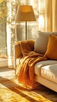 Cozy Living Room with Warm Sunlight and Orange Throw Blanket photo