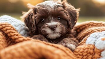 Adorable Brown Puppy Snuggled in a Cozy Knitted Blanket photo