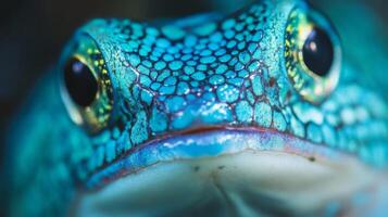 Macro Close-up of a Vibrant Blue Frog's Face photo