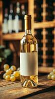 Exquisite White Wine Bottle Nestled in an Old-World Wine Cellar photo