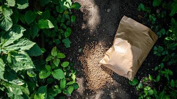 Organic Fertilizer Bag on Garden Soil - Nature's Bounty photo