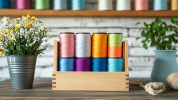 Colorful Threads in Wooden Storage Box photo