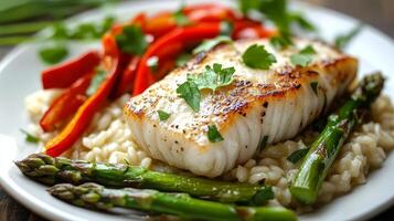 Pan-Seared White Fish with Risotto and Asparagus A Culinary Delight photo