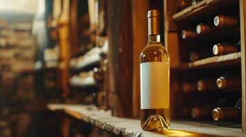 Sophisticated White Wine Bottle in a Charming Rustic Cellar photo
