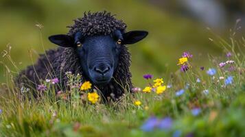 Majestic Black Sheep in a Colorful Meadow photo