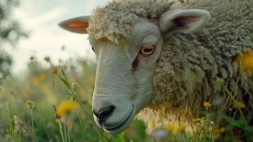 Close-up of a Sheep in a Meadow photo