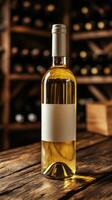 Graceful White Wine Bottle Resting in a Cozy Wine Cellar photo