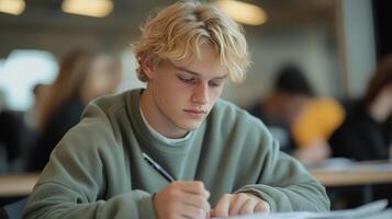 Focused Student Taking Exam in Classroom photo