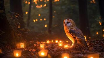 Enchanted Owl in a Forest Lit by Candles photo