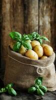Rustic Potatoes and Basil in a Burlap Bag - Fresh Produce photo