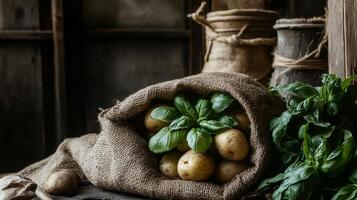 Rustic Potatoes and Basil in Burlap Bag - Fresh Harvest photo