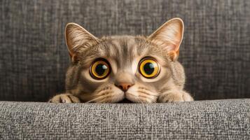 Playful Cat with Wide Eyes on a Sofa photo