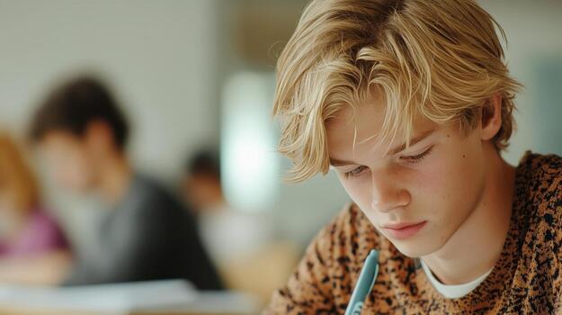 Focused Student in Classroom, Concentrated Learning photo