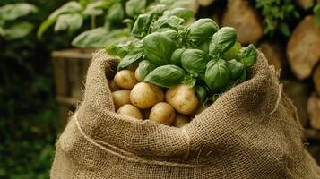 Fresh Potatoes and Basil in Burlap Sack - Garden Harvest photo