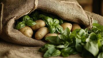 Fresh Potatoes and Basil in a Burlap Bag - A Bountiful Harvest photo