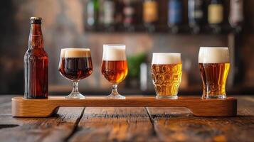 A Selection of Exquisite Beers on a Wooden Tray photo