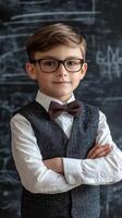 Confident Boy in Formal Attire Posing in Classroom photo