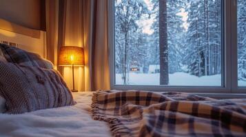 Winter's Embrace Cozy Bedroom with Snowy Forest View photo