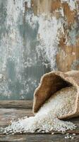 White Rice Poured from Burlap Sack on Rustic Wooden Table photo