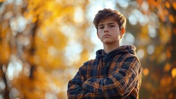 Autumn Portrait of a Teenager in a Plaid Jacket photo