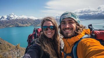 Couple Hiking Adventure in the Majestic Mountains photo