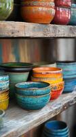 Artisan Bowls Displayed on Rustic Wooden Shelves photo