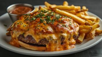 Cheesy Burger with Crispy Fries - A Flavorful Culinary Delight photo