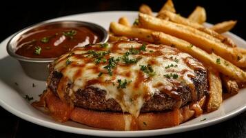 Gourmet Melted Cheese Burger with French Fries photo