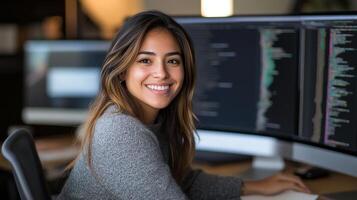 Smiling Woman Focused on Coding, Empowering Tech Future photo