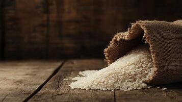A Bountiful Bag of White Rice on Rustic Wood photo