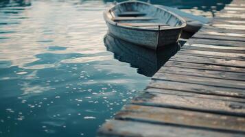 Serene Lakeside Scene Wooden Dock and Boat photo