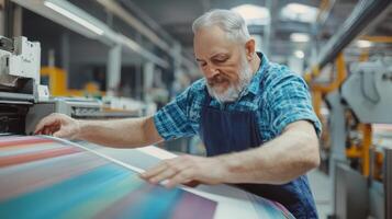 Expert Printer Carefully Adjusting Color on Industrial Printing Press photo