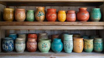 Handcrafted Ceramic Vases in Rustic Display Case photo