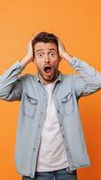 Man in Denim Shirt with a Shocked Expression photo