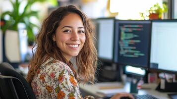 Smiling Woman Programmer in Modern Office photo
