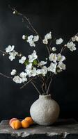 Delicate Spring Blossoms in a Rustic Vase with Apricots photo