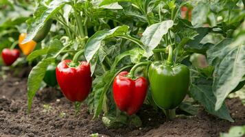 Vibrant Red and Green Bell Peppers Growing in a Garden photo